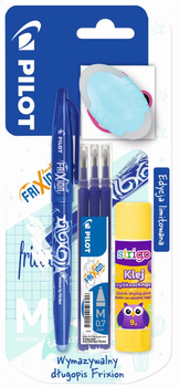 Pióro kulkowe Frixion Pilot niebieskie + wkład Frixion niebieski x3+klej szybkoschnący + gumka owalna blister