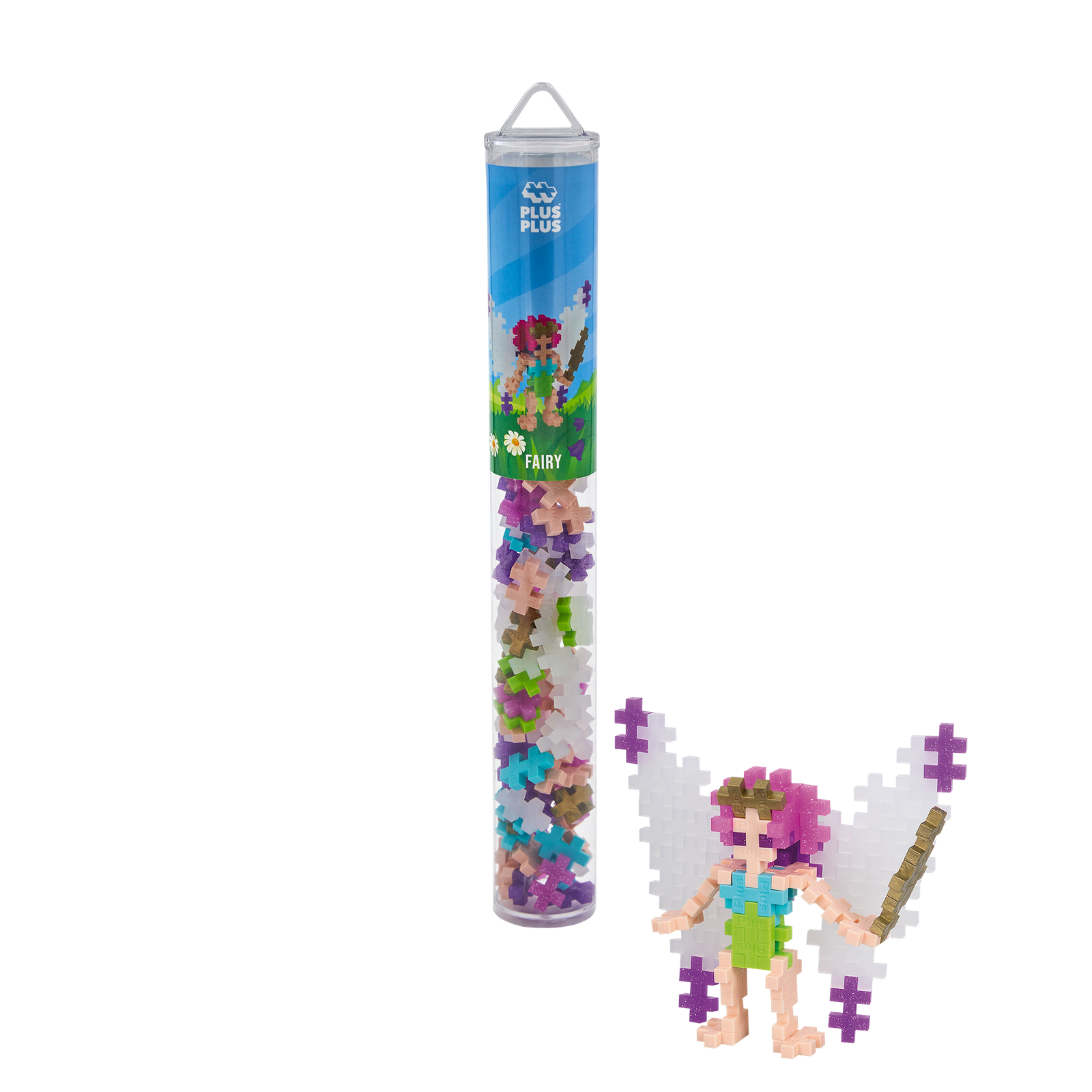 Klocki konstrukcyjne Plus-Plus Tuba Wróżka 100 elementów – opakowanie i gotowa figurka wróżki