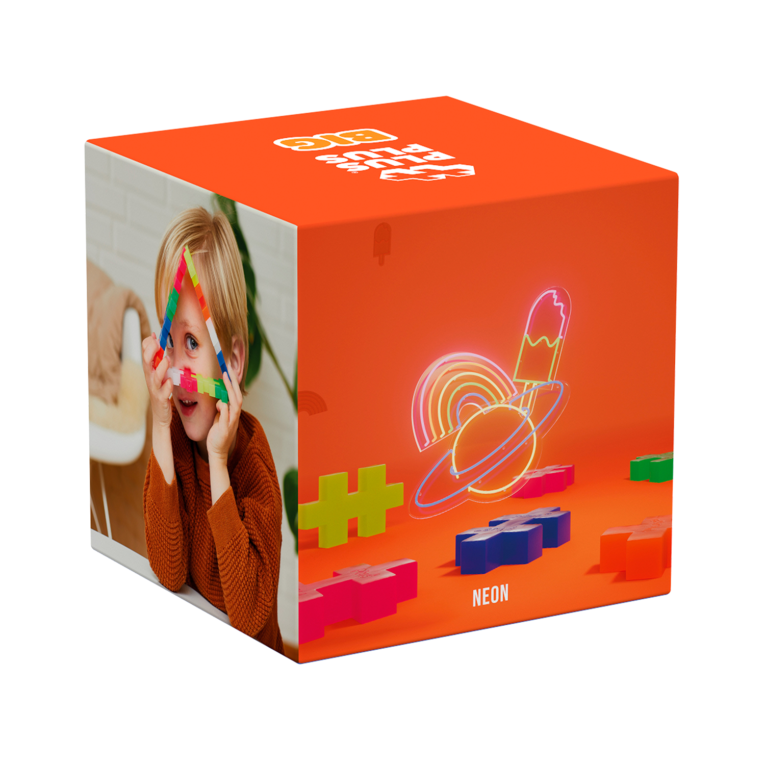 Klocki konstrukcyjne 3D Plus-Plus BIG w neonowych kolorach - pudełko i rozsypane klocki