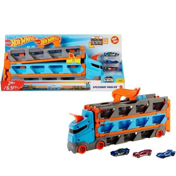 Hot Wheels Wyścigowy transporter 2w1 + 3 auta Mattel