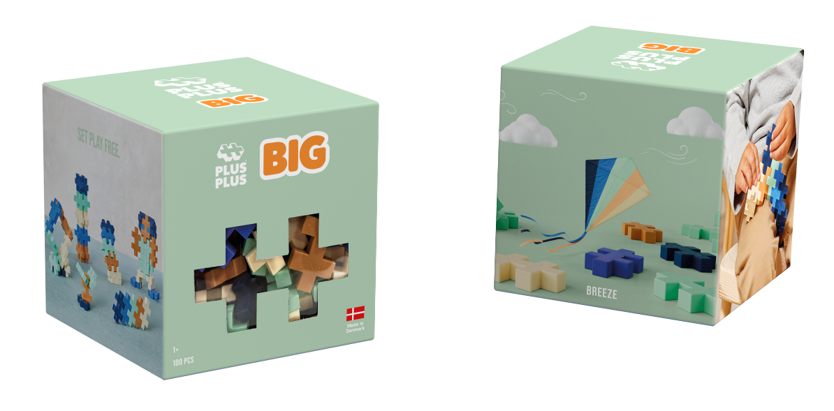 Zawartość zestawu PLUS-PLUS BREEZE BIG 100 elementów wyeksponowana obok pudełka