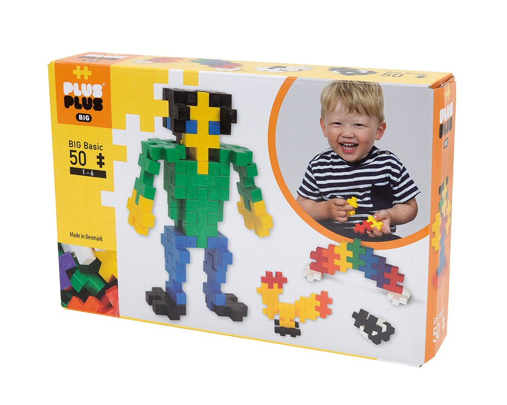 PLUS-PLUS BIG ZESTAW PODSTAWOWY 50 ELEMENTÓW - opakowanie i przykładowe modele z klocków