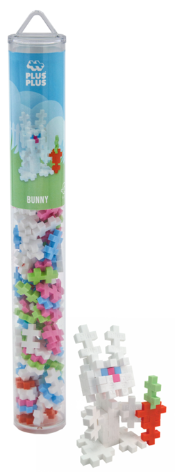 Plus-Plus Tuba Zajączek - 100 elementów w kolorowej tubie z ułożonym zajączkiem i marchewką obok