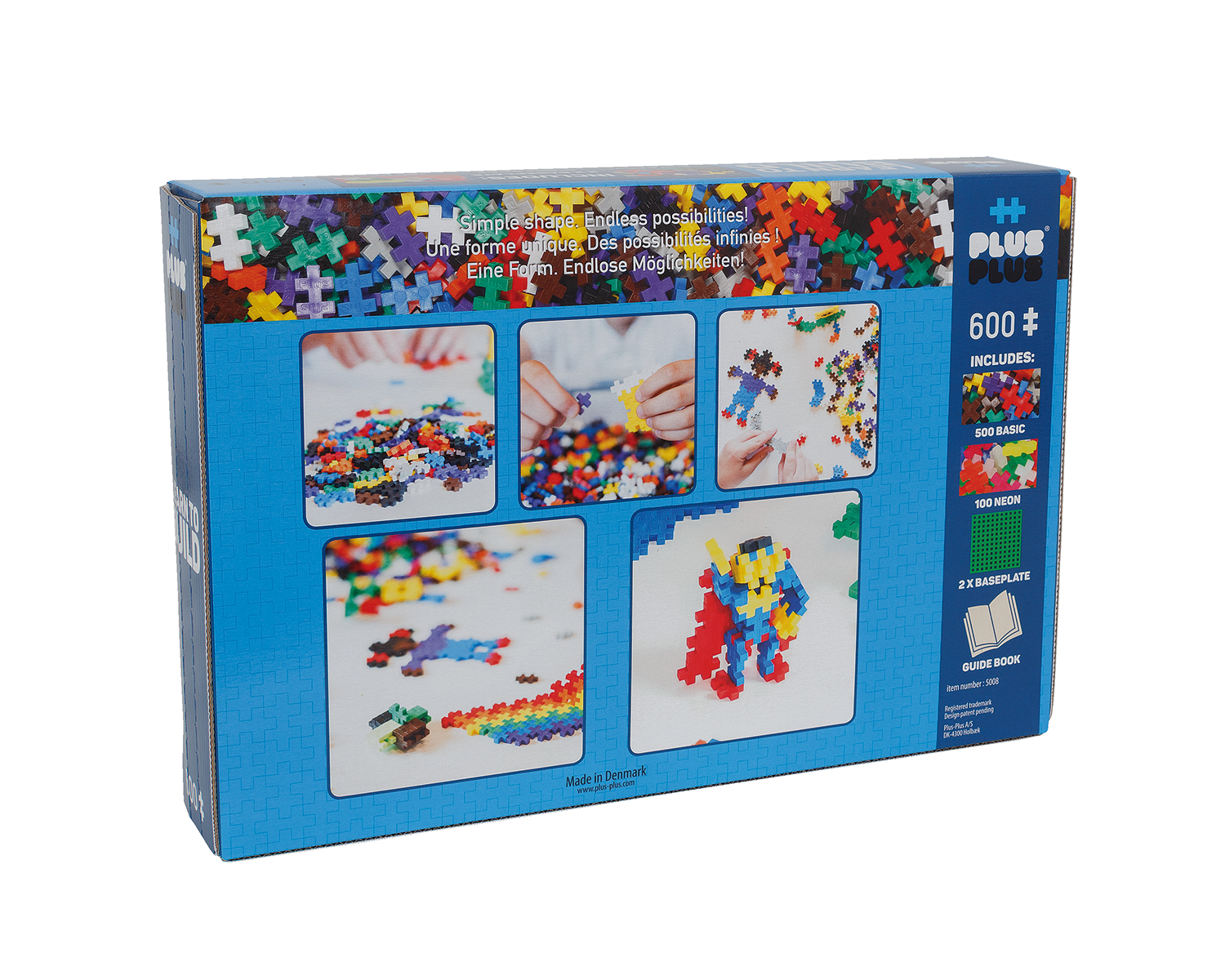 Klocki konstrukcyjne Plus-Plus Learn To Build 600 elementów – opakowanie i kolorowe klocki na stole