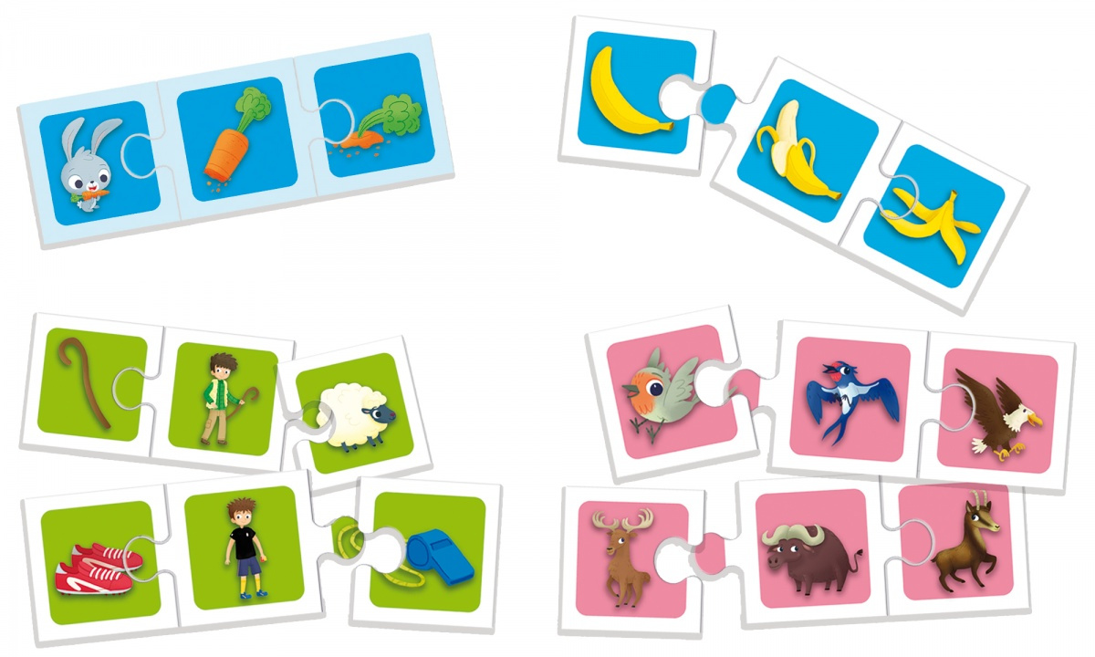 Elementy układanki Carotina Logika 3 w 1 z kolorowymi obrazkami zwierząt i przedmiotów