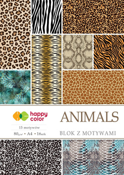 Blok z motywami ANIMALS, 80g/m2, A4, 15+1 ark, 15 motyw, Happy Color