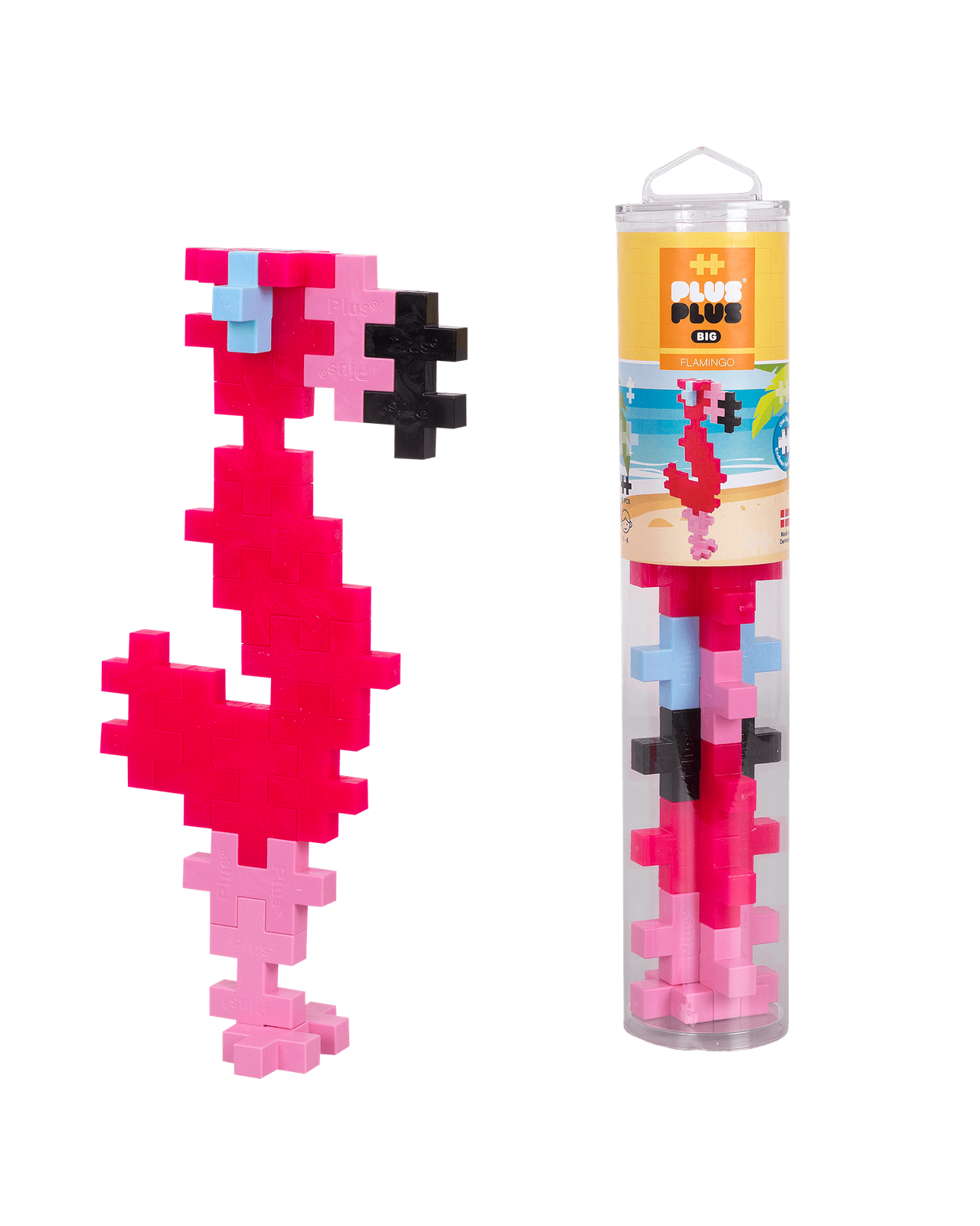 PLUS-PLUS BIG TUBA FLAMING – złożony flaming z klocków obok tuby z elementami