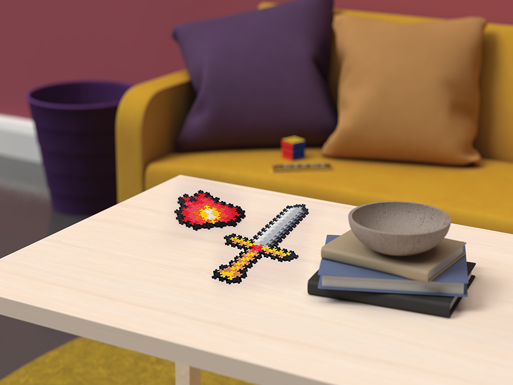 Gotowe pikselowe konstrukcje z klocków Plus-Plus: miecz i płonące serce