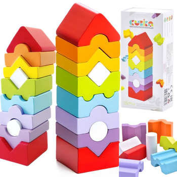 Drewniana Wieża Układanka Klocki Kolorowe Kształty Edukacyjne Prezent