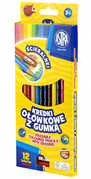 Kredki ołówkowe trójkątne ścieralne z gumką ASTRA - 12 kolorów z temperówką