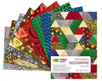 Blok HOLOGRAPHIC A4, 10 ark, 70g, 5 kolorów, 5 motywów, Happy Color