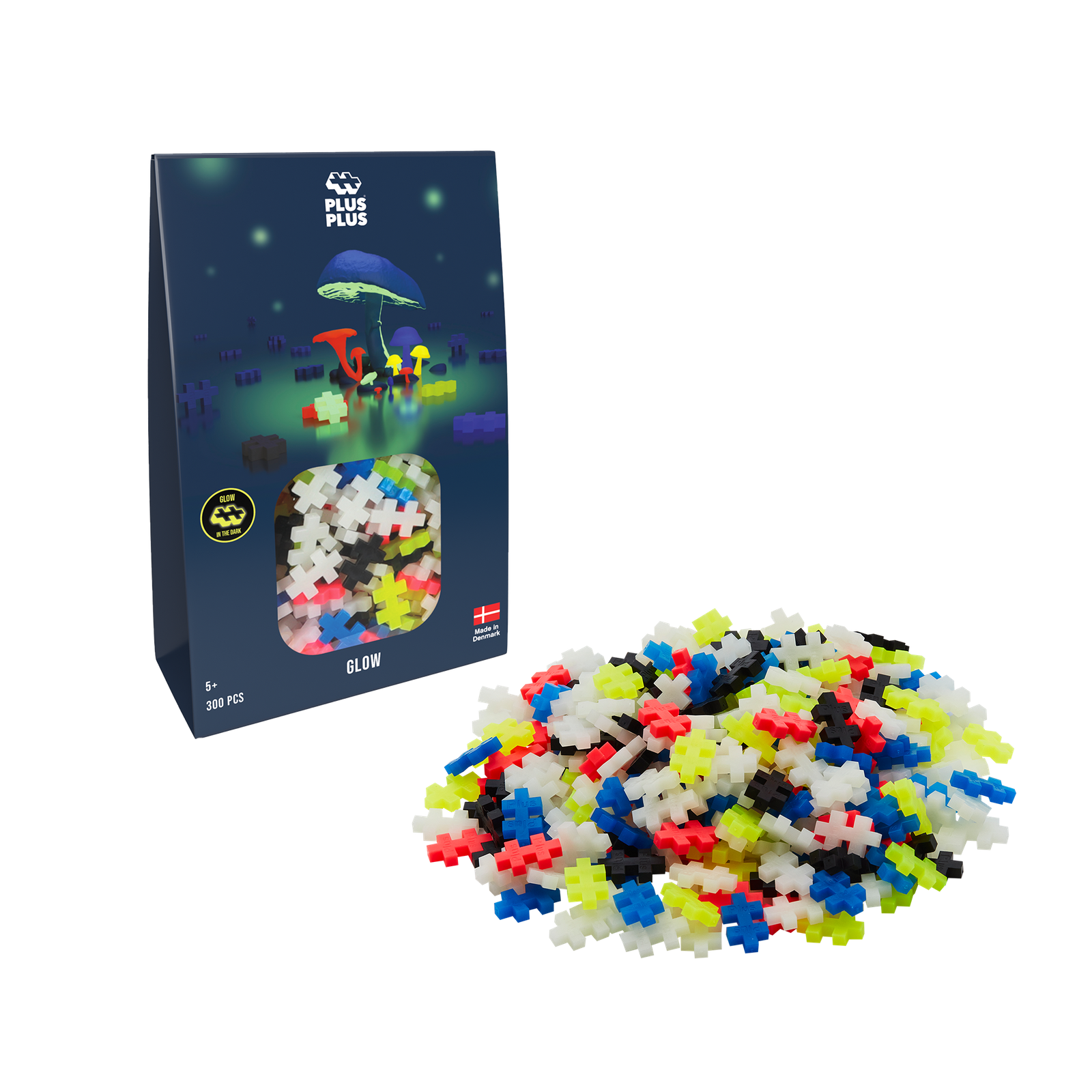 Zbliżenie na kolorowe elementy klocków Plus-Plus świecących w ciemności