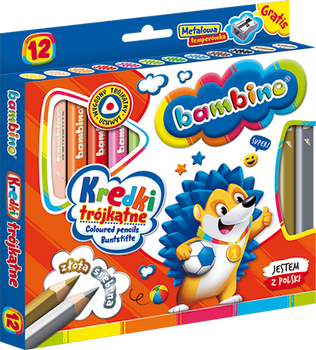Kredki BAMBINO w oprawie drewnianej 12 kolorów + temperówka UCZNIAKI