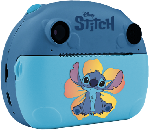 Niebieski aparat Lisciani Stitch Print Cam z wizerunkiem bohatera Stitch na obudowie