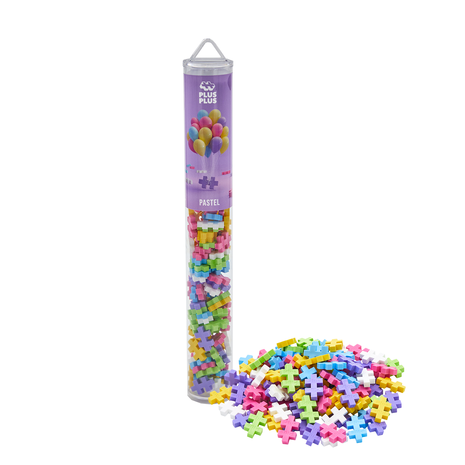PLUS-PLUS TUBA PASTELOWA - 100 ELEMENTÓW w przezroczystej tubie z wysypanymi pastelowymi klockami obok