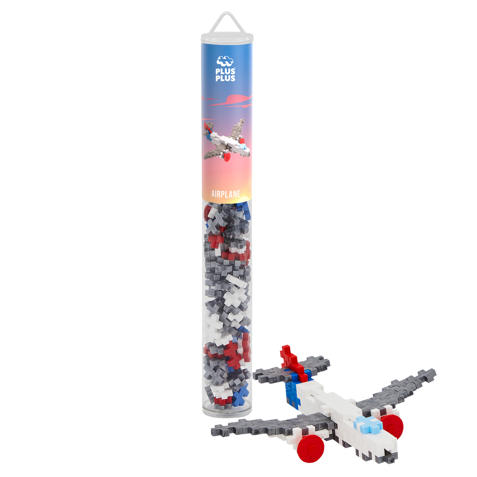 Zawartość PLUS-PLUS TUBA SAMOLOT - 100 klocków w odcieniach szarości, bieli, czerwieni i niebieskiego