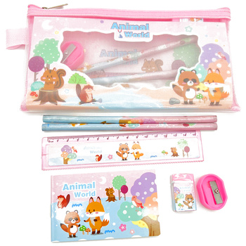 PRZYBORY SZKOLNE ZWIERZĘTA ZESTAW LINIJKA OŁÓWEK GUMKA PIÓRNIK DLA DZIECI