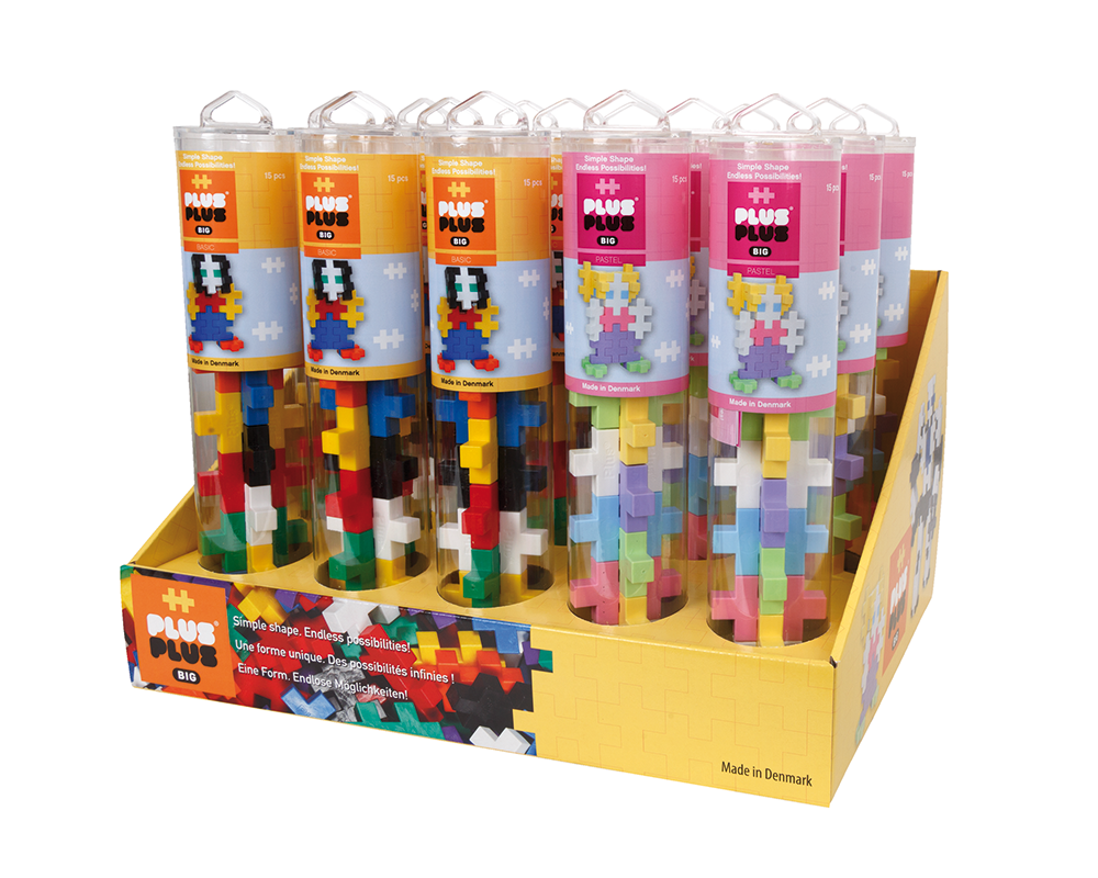 PLUS-PLUS BIG DISPLAY TUBY MIX - widok tub z klockami basic i pastel w ekspozytorze