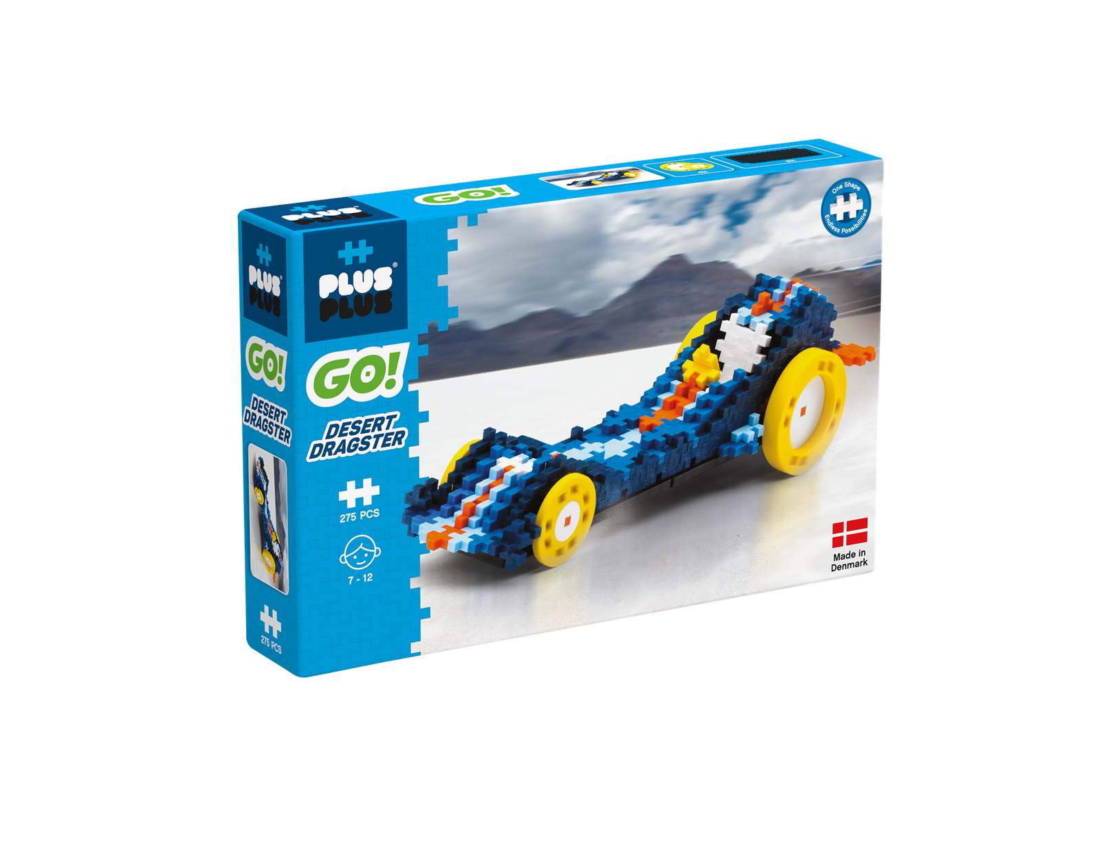Klocki Plus-Plus Pustynny Dragster 275 elementów – model dragstera oraz pudełko zestawu