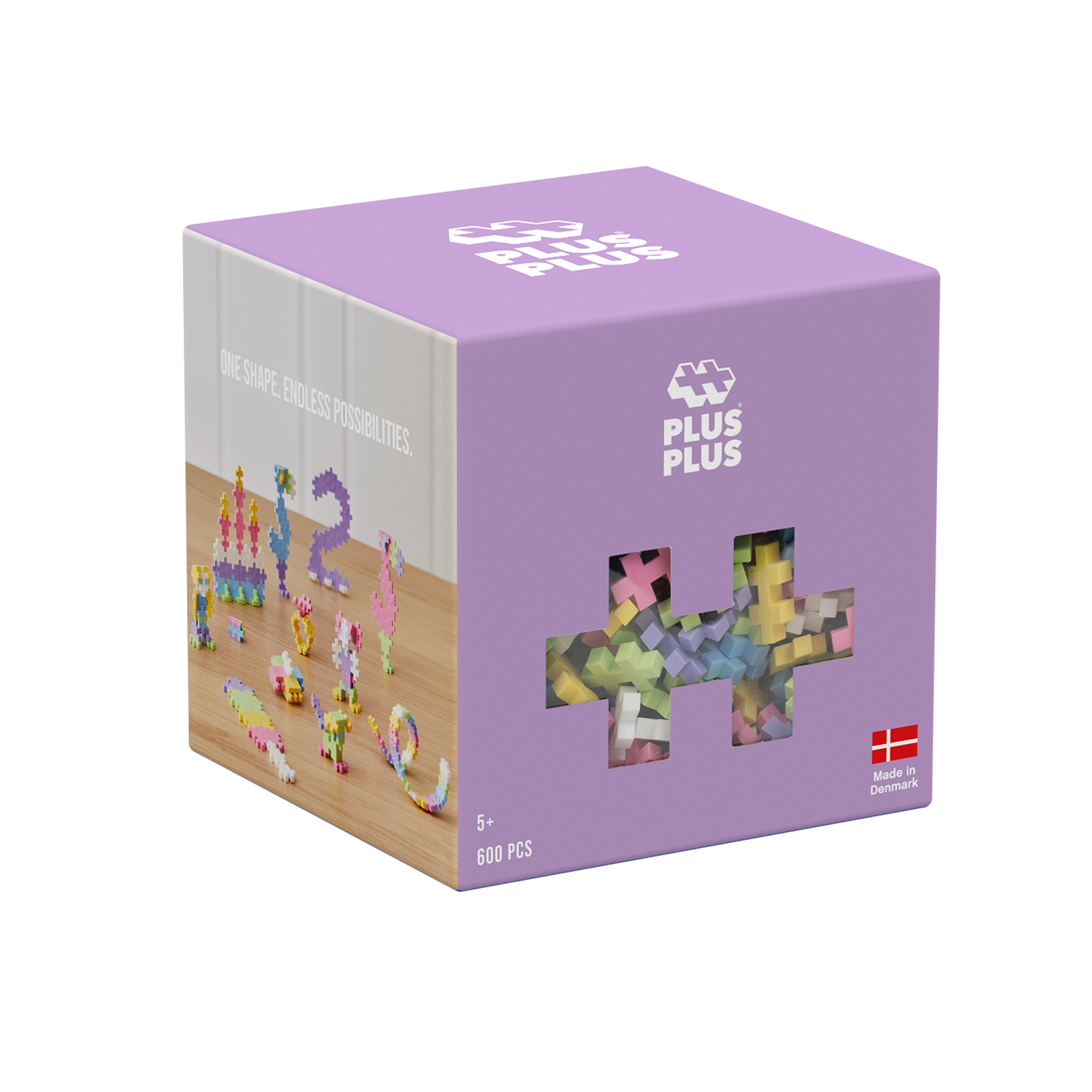 Pudełko klocków PLUS-PLUS pastelowe 600e oraz widoczne przykładowe figurki i konstrukcje wykonane z zestawu