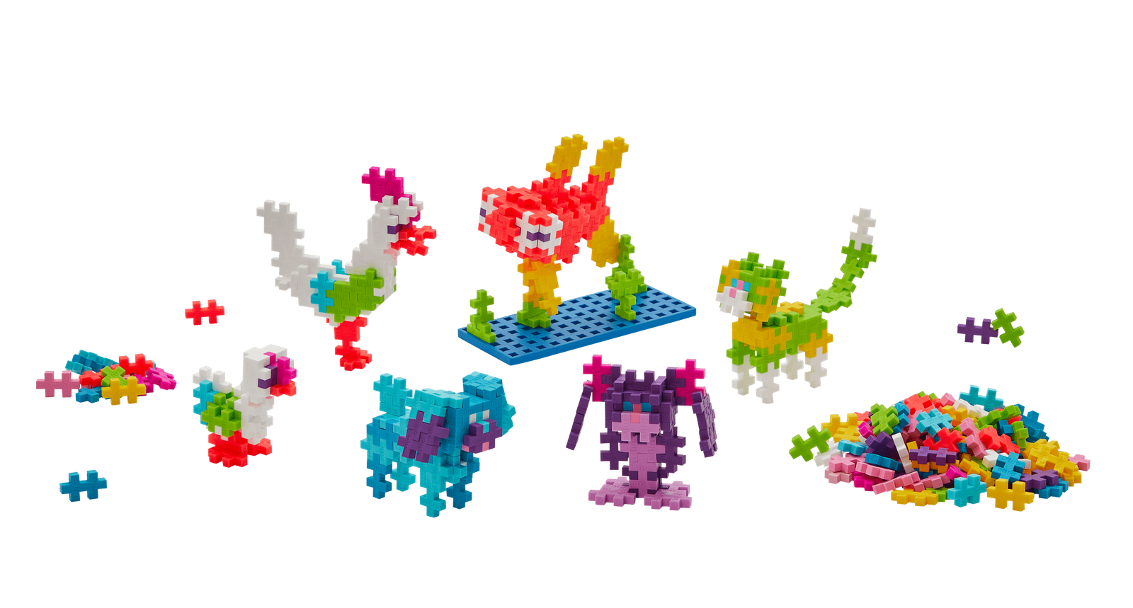 Przykładowe kolorowe zwierzaki zbudowane z klocków Plus-Plus