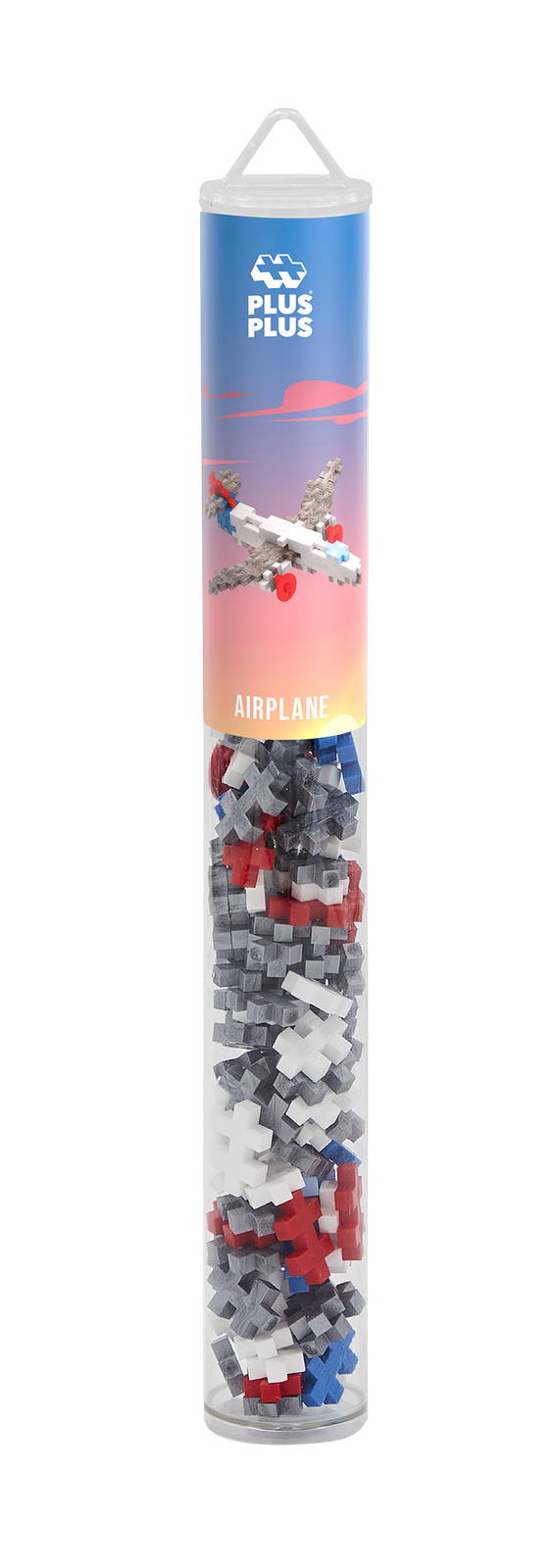 PLUS-PLUS TUBA SAMOLOT - 100 ELEMENTÓW w przezroczystej tubie z widocznymi klockami i gotowym modelem samolotu