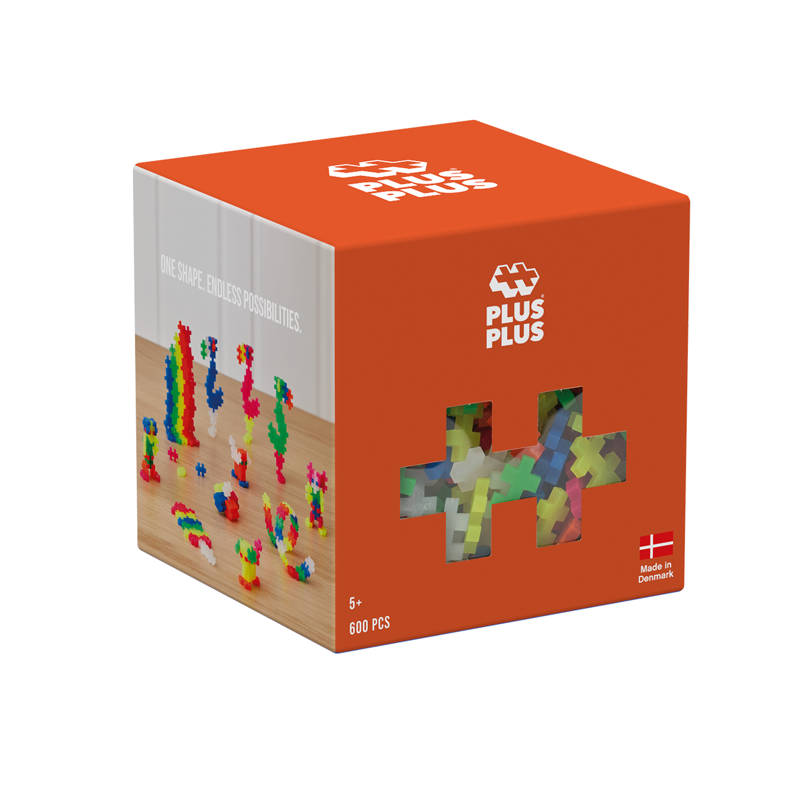 Klocki konstrukcyjne PLUS-PLUS NEON 600 elementów w pudełku i rozsypane na stole