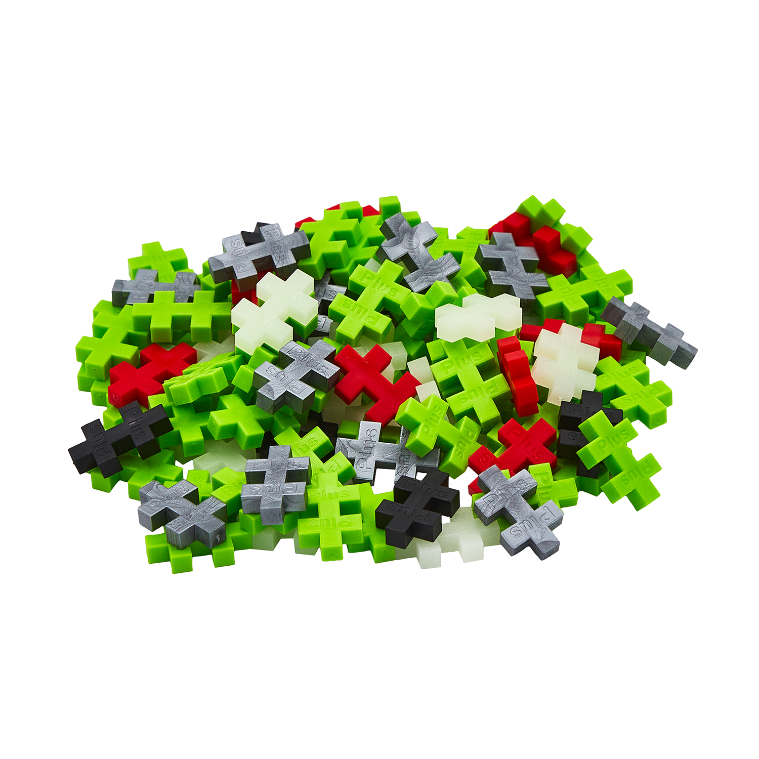 Tuba z klockami Plus-Plus Ufoludek wysypanymi na stolik oraz gotowa figurka ufoludka