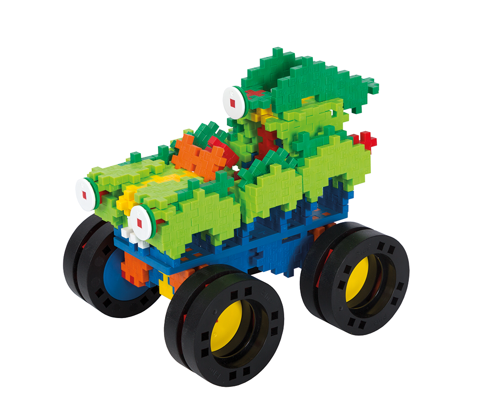 Zawartość zestawu PLUS-PLUS MONSTER TRUCKS 600 elementów – klocki, koła, rampy i instrukcja