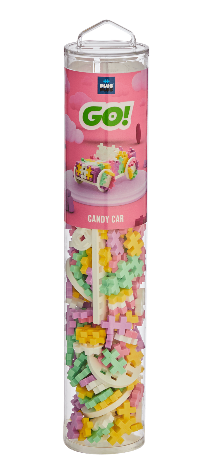 PLUS-PLUS TUBA COLOR CARS CANDY – tuba z pastelowymi klockami i przykładowym modelem samochodu