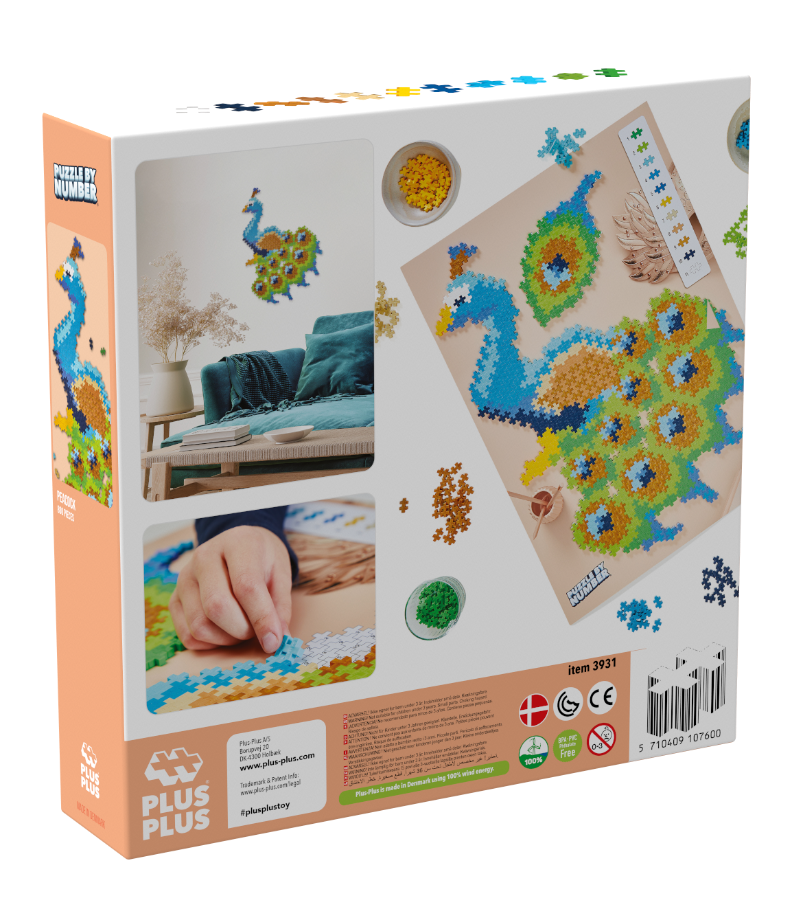 PLUS-PLUS PUZZLE BY NUMBER PAW - zbliżenie na klocki i wzór pawia podczas układania