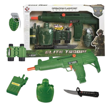 COMBAT SET DUŻY ZESTAW WOJSKOWY KARABIN NÓŻ GRANAT KRÓTKOFALÓWKA BIDON