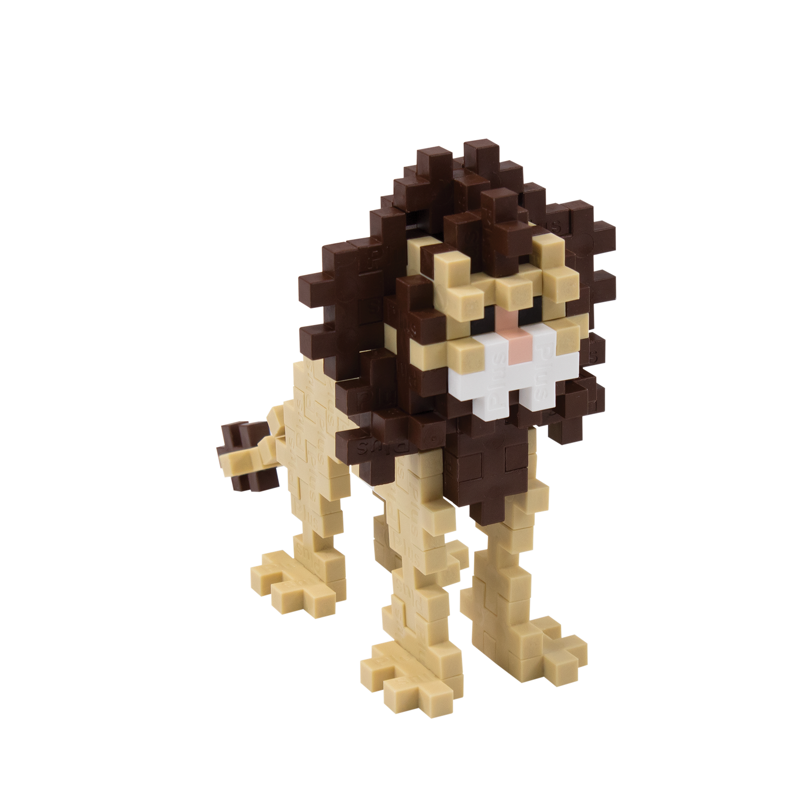 Kolorowe klocki PLUS-PLUS do budowy lwa wysypane obok tuby