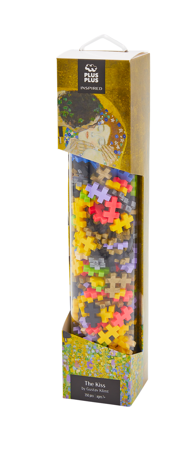 Zawartość zestawu Plus-Plus Inspired Klimt - klocki w różnych kolorach oraz zbliżenie na opakowanie