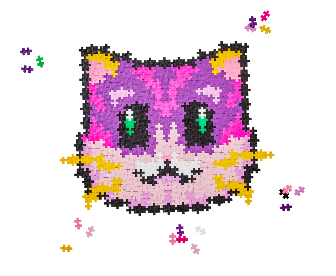 Zawartość zestawu PLUS-PLUS NUMBER KOT: kolorowe klocki ułożone na planszy z widocznym wzorem kota