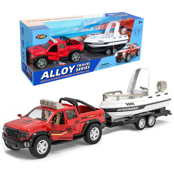 AUTO METALOWE TERENOWE PICKUP + PRZYCZEPA I ŁÓDŹ MOTORÓWKA DŹWIĘK ŚWIATŁO