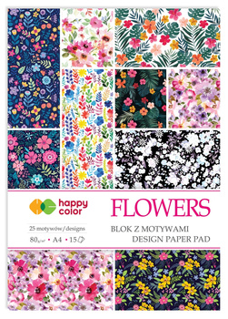 Blok z motywami FLOWERS, 80g/m2, A4, 15 ark, 25 motyw, Happy Color