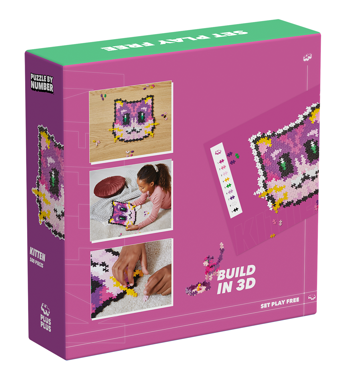 Zbliżenie na rozłożone klocki PLUS-PLUS i fragment powstającej mozaiki kota według numerów