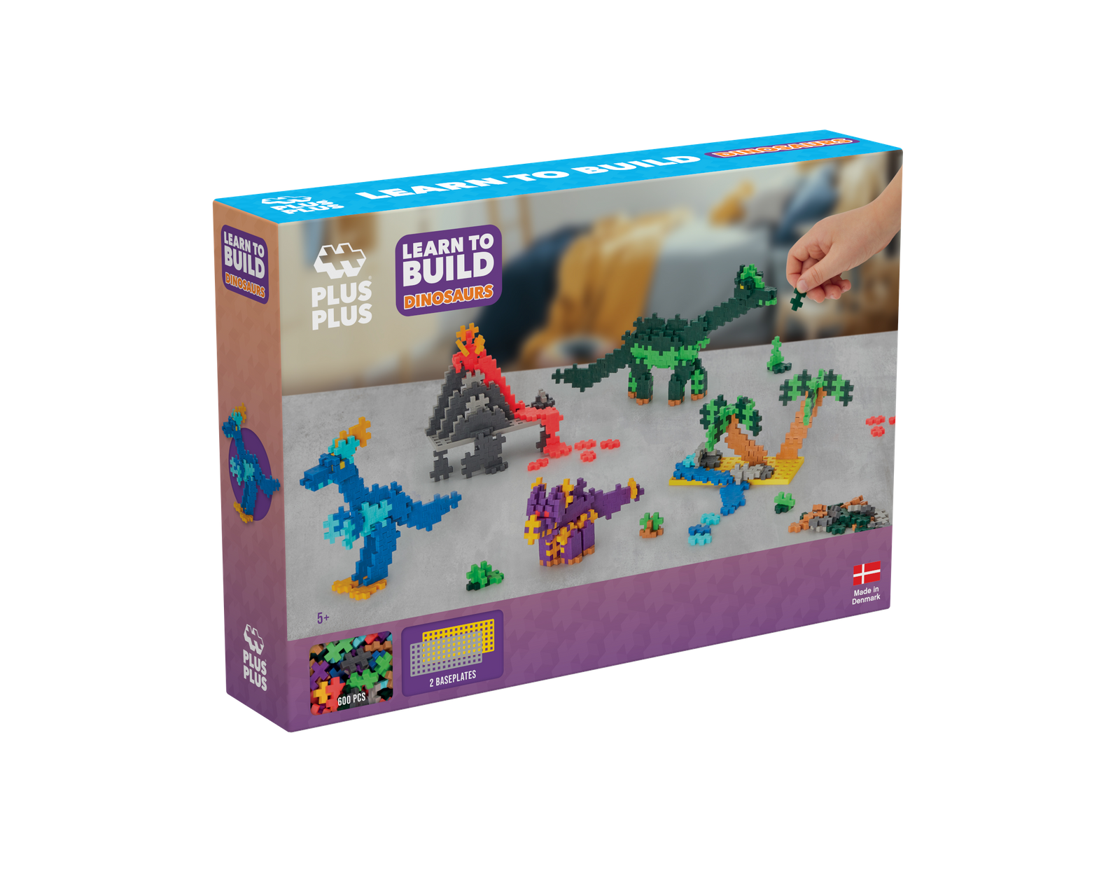 Klocki konstrukcyjne Plus-Plus Naucz się budować dinozaury 500 elementów - opakowanie i przykładowe modele dinozaurów