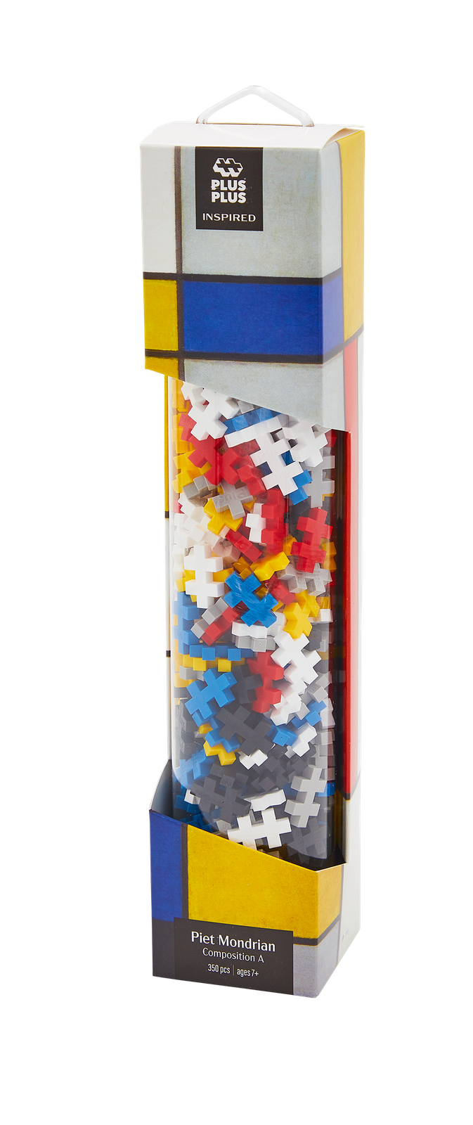 Klocki Plus-Plus Inspired Mondrian wysypane z tuby, ułożone w abstrakcyjne kompozycje