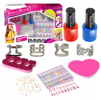 ZESTAW DO MALOWANIA PAZNOKCI BIŻUTERIA NAKLEJKI PIERŚCIONKI BROKAT