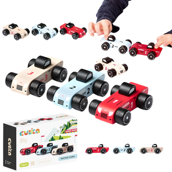 Drewniane Autka Samochodziki Wyścigowe Zestaw Sportowe Pojazdy Prezent