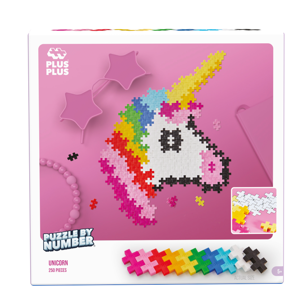 Kolorowe elementy klocków Plus-Plus By Number Jednorożec oraz schemat układania według numerów