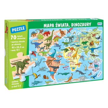 Puzzle 70 elementów. Mapa świata. Dinozaury