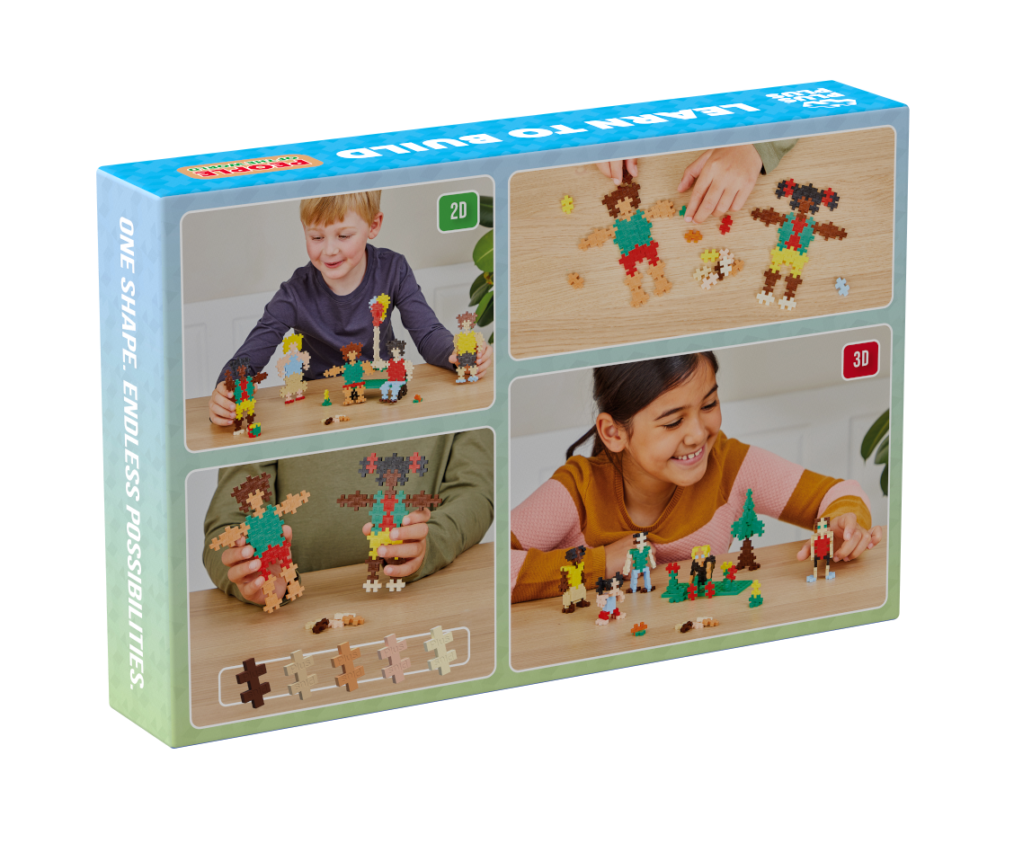 Zawartość zestawu PLUS-PLUS Naucz się budować ludzi z całego świata: klocki, podstawki i przykładowe figurki