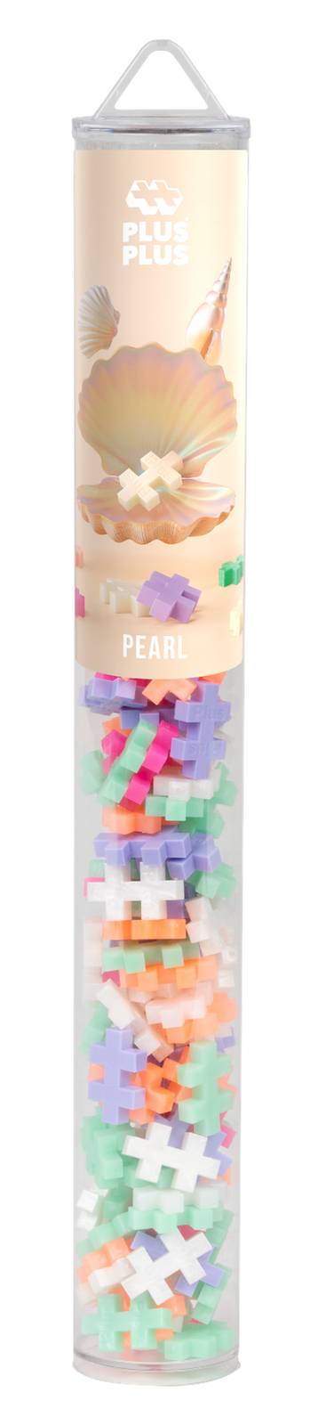 PLUS-PLUS TUBA MIX PERŁOWY - 100 ELEMENTÓW w wysokiej, przezroczystej tubie z rączką i grafiką muszli