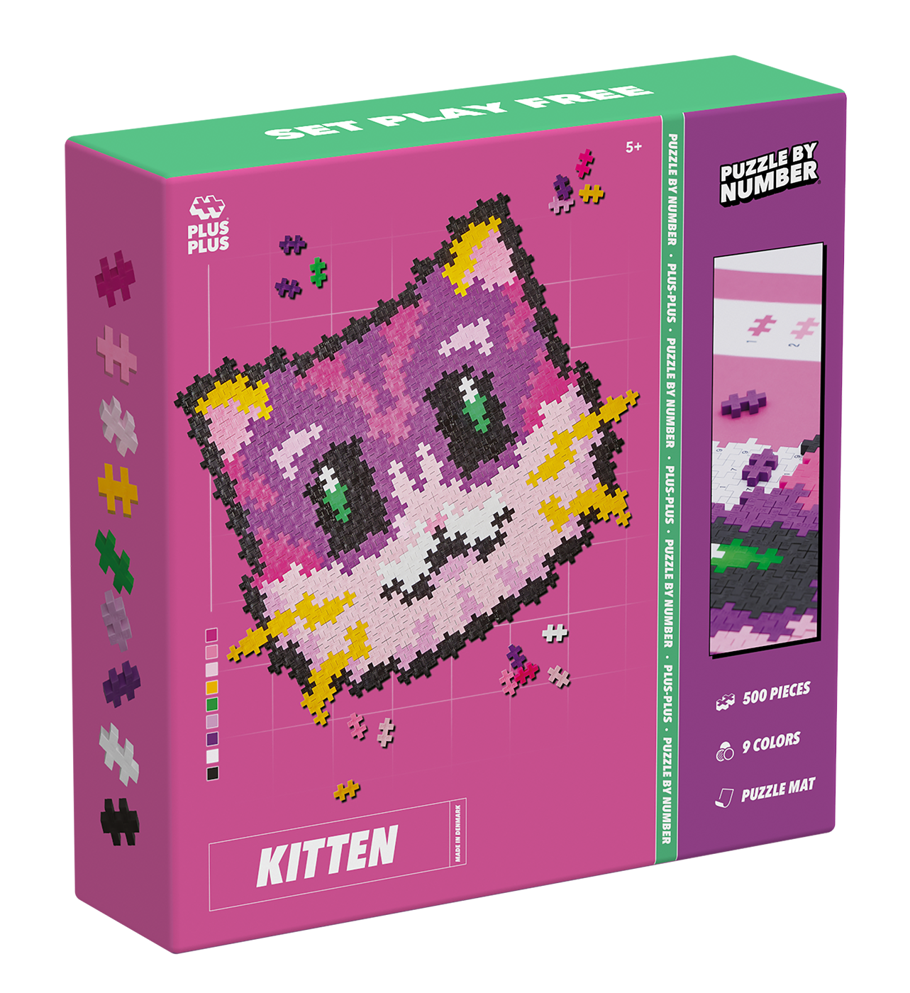 Opakowanie klocków konstrukcyjnych PLUS-PLUS NUMBER KOT z kolorową mozaiką głowy kota na froncie