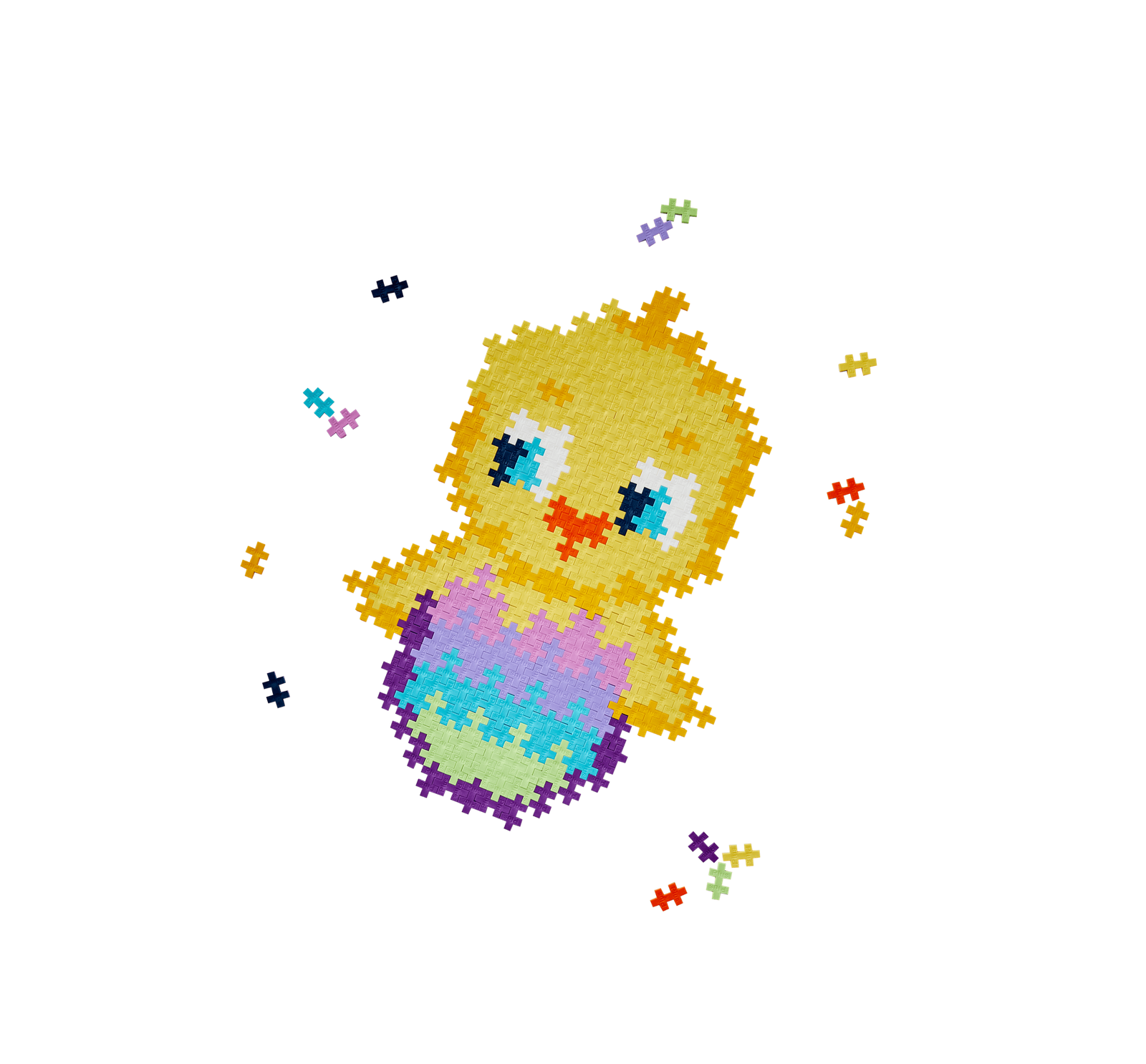 PLUS-PLUS PUZZLE BY NUMBER KURCZAK - zbliżenie na klocki i tworzoną mozaikę kurczaka