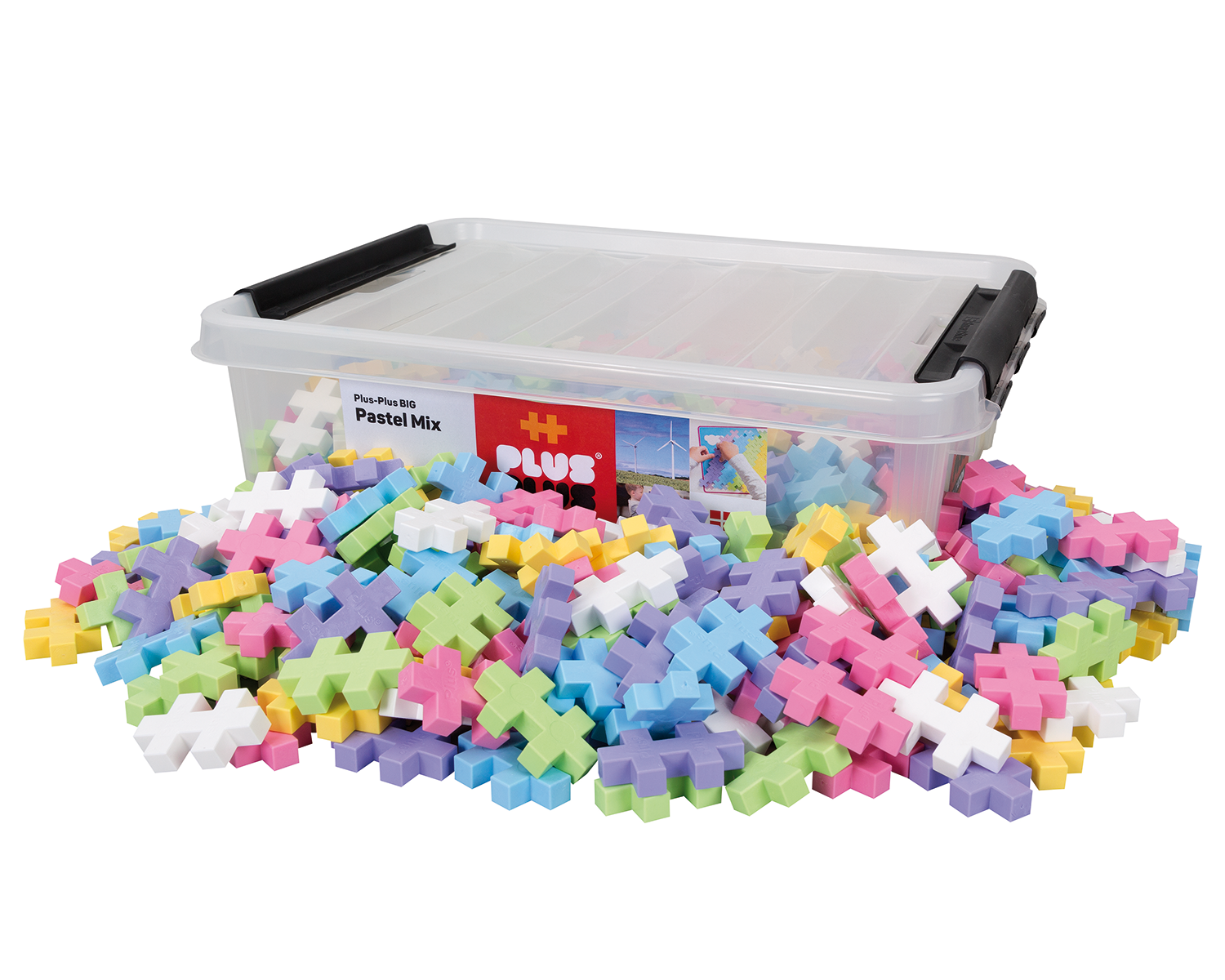 PLUS-PLUS BIG MIX w kolorze pastelowym – duże kolorowe klocki na tle pojemnika