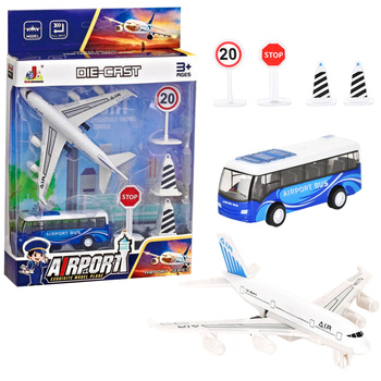 ZESTAW SAMOLOT LOTNISKOWY AUTOBUS ZNAKI DROGOWE ZABAWKA DLA DZIECI DIE-CAST